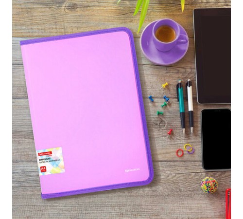 Папка объемная на молнии пластиковая BRAUBERG PASTEL, А4, 330х240 мм, 600 мкм, цвет лиловый, 271971