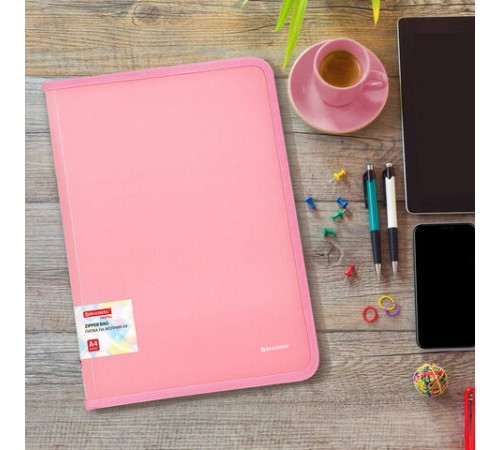 Папка объемная на молнии пластиковая BRAUBERG PASTEL, А4, 330х240 мм, 600 мкм, цвет персиковый, 271972