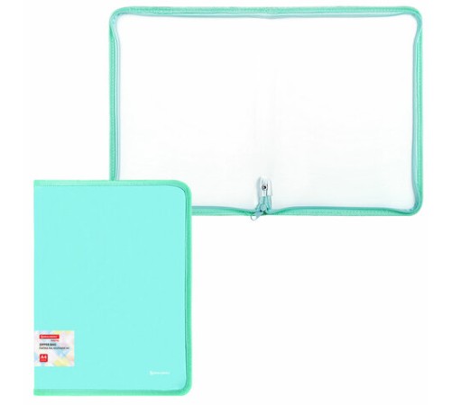 Папка объемная на молнии пластиковая BRAUBERG PASTEL, А4, 330х240 мм, 600 мкм, цвет мятный, 271973