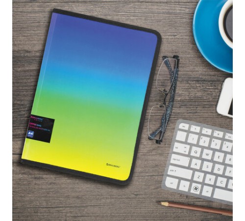 Папка объемная на молнии пластиковая BRAUBERG GRADE, А4, 330х240мм, 600мкм, зелено-голубой градиент, 271974