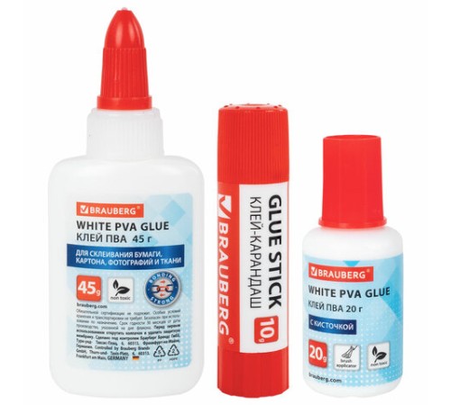 Набор клея BRAUBERG (клей-карандаш PVP 10 г, клей ПВА 45 г, клей ПВА 20 г с кисточкой), блистер, 271978