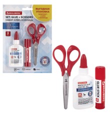 Набор: клей + ножницы BRAUBERG (клей-карандаш PVP 10 г, клей ПВА 45 г, ножницы 13 см), блистер, 271979