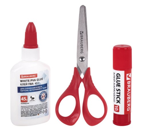Набор: клей + ножницы BRAUBERG (клей-карандаш PVP 10 г, клей ПВА 45 г, ножницы 13 см), блистер, 271979
