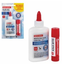 Набор клея BRAUBERG (клей-карандаш PVP 15 г, клей ПВА 125 г), блистер, 271980