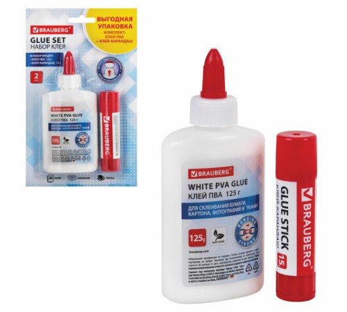 Набор клея BRAUBERG (клей-карандаш PVP 15 г, клей ПВА 125 г), блистер, 271980