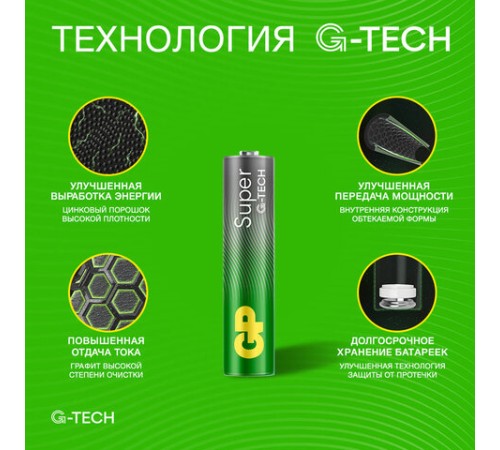 Батарейки КОМПЛЕКТ 4 шт., GP Super G-Tech, AAA (LR03, 24А), алкалиновые, мизинчиковые, в пленке, 24AR, 24ARS-2SB4 Батарейки КОМПЛЕКТ 4 шт., GP Super G-Tech, AAA (LR03, 24А), алкалиновые, мизинчиковые, в пленке, 24AR, 24ARS-2SB4