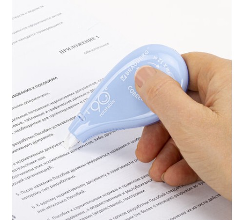 Корректирующая лента BRAUBERG PASTEL 5 мм х 12 м, вращающийся наконечник 90°, механизм перемотки, корпус голубой, блистер, 272488
