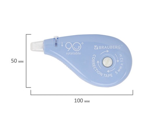 Корректирующая лента BRAUBERG PASTEL 5 мм х 12 м, вращающийся наконечник 90°, механизм перемотки, корпус голубой, блистер, 272488