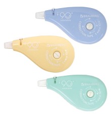 Корректирующая лента BRAUBERG PASTEL 5 мм х 12 м, вращающийся наконечник 90°, ВЫГОДНАЯ УПАКОВКА 3 штуки в блистере,механизм перемотки,272489