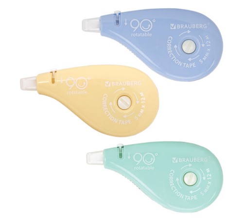 Корректирующая лента BRAUBERG PASTEL 5 мм х 12 м, вращающийся наконечник 90°, ВЫГОДНАЯ УПАКОВКА 3 штуки в блистере,механизм перемотки,272489