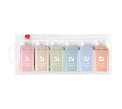 Корректирующая лента BRAUBERG COMPACT PASTEL, 5 мм х 6 м, КОМПЛЕКТ 6 штук, пенал с zip-lock, 272496