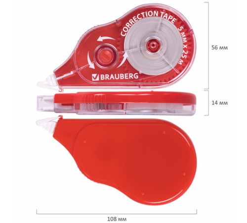 Корректирующая лента BRAUBERG MAXI PLUS, 5 мм х 25 м, механизм перемотки, корпус красный, блистер, 272501