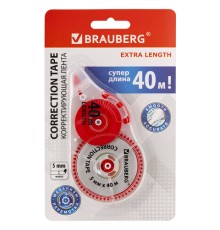 Корректирующая лента BRAUBERG EXTRA LENGTH, 5 мм х 40 м, механизм перемотки, корпус прозрачный, блистер, 272502