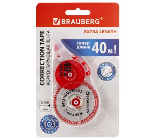 Корректирующая лента BRAUBERG EXTRA LENGTH, 5 мм х 40 м, механизм перемотки, корпус прозрачный, блистер, 272502