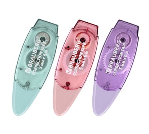 Корректирующая лента BRAUBERG PASTEL, 5 мм х 6 м, ВЫГОДНАЯ УПАКОВКА 3 штуки в блистере, 272658