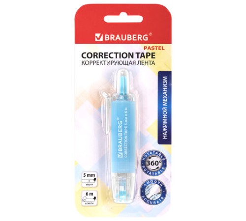 Корректирующая лента BRAUBERG PASTEL 360, 5 мм х 6 м, ассорти, автоматическая, блистер, 272662