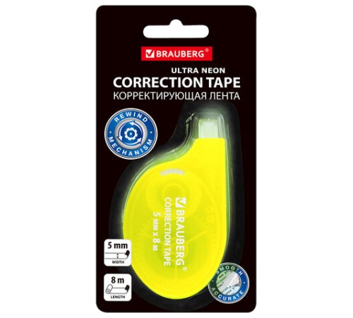 Корректирующая лента BRAUBERG ULTRA NEON, 5 мм х 8 м, цвет ассорти, блистер, 272664