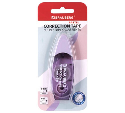 Корректирующая лента BRAUBERG PASTEL, 5 мм х 6 м, ассорти, блистер, 272666