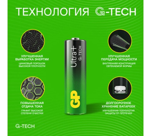Батарейки КОМПЛЕКТ 4 шт., GP Ultra Plus G-Tech, AA (LR6), алкалиновые, пальчиковые, 15AUPA21-2CRSB4 Батарейки КОМПЛЕКТ 4 шт., GP Ultra Plus G-Tech, AA (LR6), алкалиновые, пальчиковые, 15AUPA21-2CRSB4