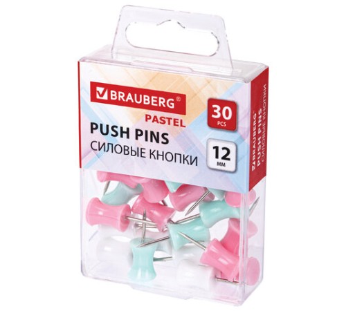 Силовые кнопки-гвоздики BRAUBERG PASTEL, пастельные цвета, 30 штук, 12 мм, 272756