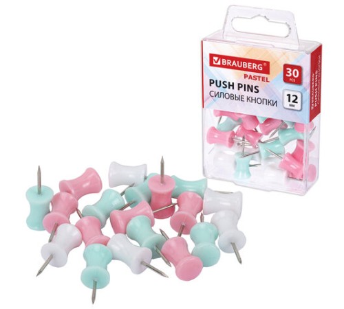 Силовые кнопки-гвоздики BRAUBERG PASTEL, пастельные цвета, 30 штук, 12 мм, 272756