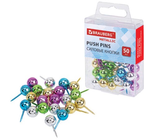 Силовые кнопки-гвоздики BRAUBERG METALLIC, цвет ассорти металлик (шарики), 50 штук, 10 мм, 272757