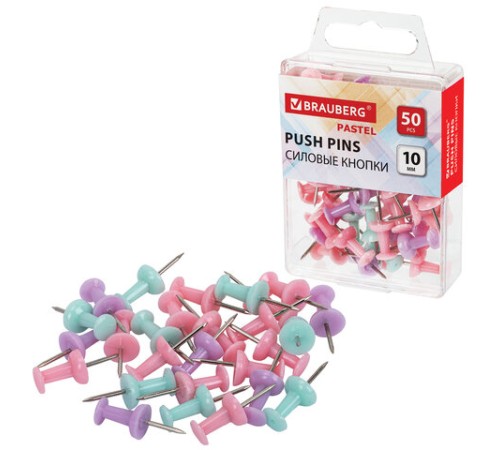 Силовые кнопки-гвоздики BRAUBERG PASTEL, пастельные цвета, 50 штук, 10 мм, 272758