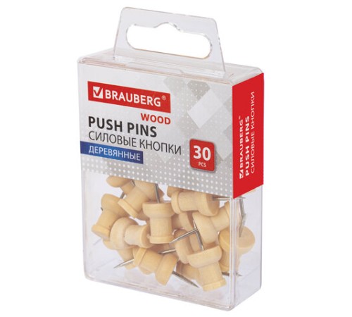 Силовые кнопки-гвоздики BRAUBERG WOOD, деревянные, 30 штук, 10 мм, 272759