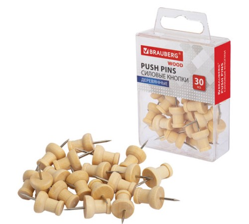Силовые кнопки-гвоздики BRAUBERG WOOD, деревянные, 30 штук, 10 мм, 272759