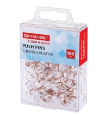 Силовые кнопки-гвоздики BRAUBERG CLEAR & GOLD, прозрачные с золотистым (шарики), 100 штук, 11 мм, 272760