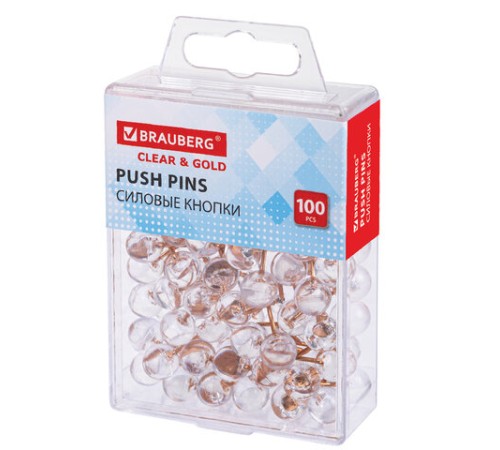 Силовые кнопки-гвоздики BRAUBERG CLEAR & GOLD, прозрачные с золотистым (шарики), 100 штук, 11 мм, 272760