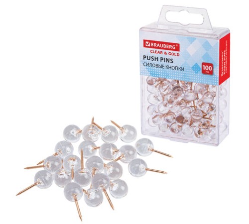 Силовые кнопки-гвоздики BRAUBERG CLEAR & GOLD, прозрачные с золотистым (шарики), 100 штук, 11 мм, 272760
