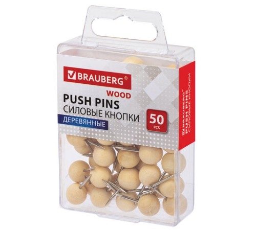 Силовые кнопки-гвоздики BRAUBERG WOOD, деревянные (шарики), 50 штук, 10 мм, 272761