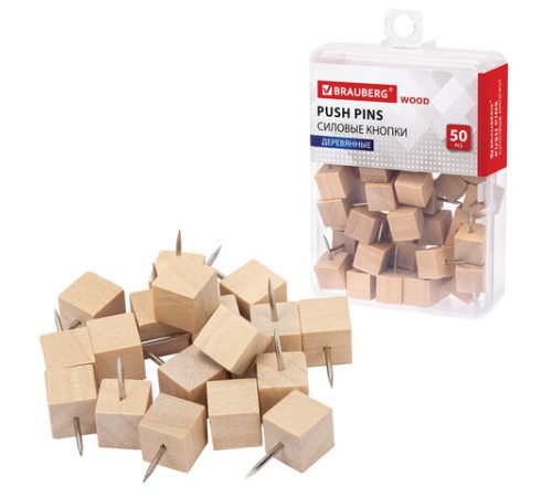 Силовые кнопки-гвоздики BRAUBERG WOOD, деревянные (кубики), 50 штук, 10 мм, 272762