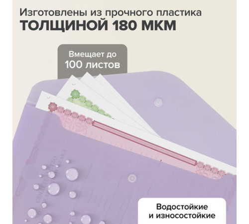 Папка-конверт с кнопкой А4, КОМПЛЕКТ 8 шт., пастельные цвета ассорти, BRAUBERG 