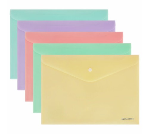 Папка-конверт с кнопкой А4, КОМПЛЕКТ 5 шт., пастельные цвета ассорти, BRAUBERG 