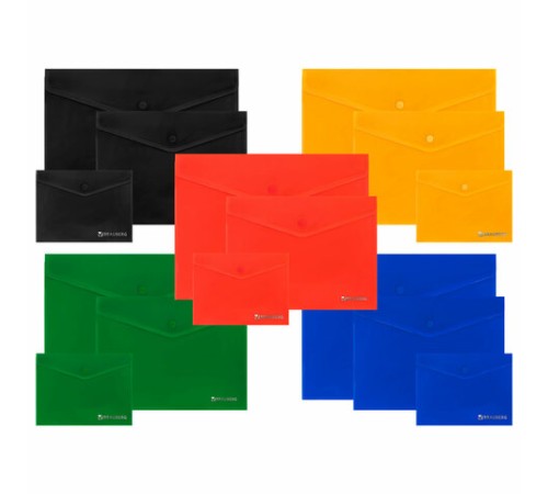 Папка-конверт с кнопкой КОМПЛЕКТ 15 шт., А4, А5, А6 по 5 шт., цвета ассорти, BRAUBERG, 0,18 мм, 272867
