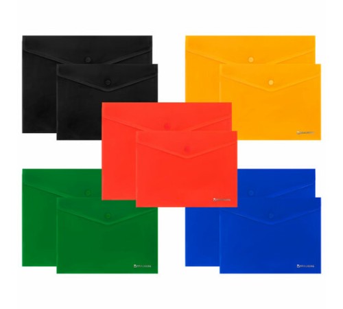 Папка-конверт с кнопкой КОМПЛЕКТ 10 шт., А4, А5 по 5 шт., цвета ассорти, BRAUBERG, 0,18 мм, 272868