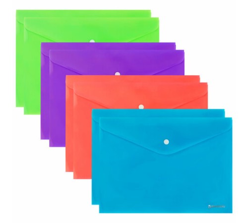 Папка-конверт с кнопкой А4, КОМПЛЕКТ 8 шт., яркие неоновые цвета ассорти, BRAUBERG 