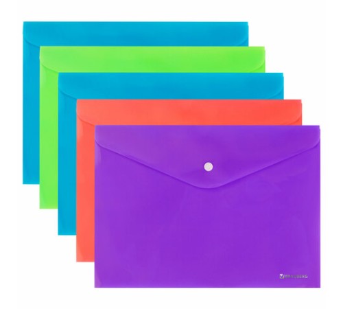 Папка-конверт с кнопкой А4, КОМПЛЕКТ 5 шт., яркие неоновые цвета ассорти, BRAUBERG 