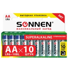 Батарейки КОМПЛЕКТ 10 шт., SONNEN Super Alkaline, АА (LR6,15А), алкалиновые, пальчиковые, в коробке, 454231