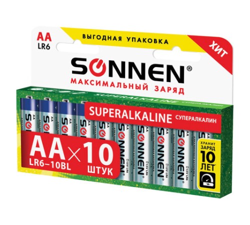 Батарейки КОМПЛЕКТ 10 шт., SONNEN Super Alkaline, АА (LR6,15А), алкалиновые, пальчиковые, в коробке, 454231 Батарейки КОМПЛЕКТ 10 шт., SONNEN Super Alkaline, АА (LR6,15А), алкалиновые, пальчиковые, в коробке, 454231