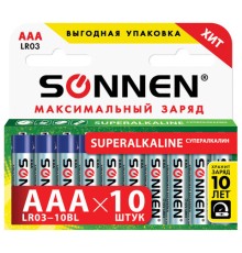 Батарейки КОМПЛЕКТ 10 шт., SONNEN Super Alkaline, AAA (LR03, 24А), алкалиновые, мизинчиковые, короб, 454232