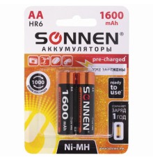Батарейки аккумуляторные Ni-Mh пальчиковые КОМПЛЕКТ 2 шт., АА (HR6) 1600 mAh, SONNEN, 454233