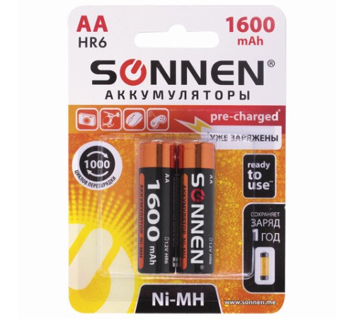 Батарейки аккумуляторные Ni-Mh пальчиковые КОМПЛЕКТ 2 шт., АА (HR6) 1600 mAh, SONNEN, 454233 Батарейки аккумуляторные Ni-Mh пальчиковые КОМПЛЕКТ 2 шт., АА (HR6) 1600 mAh, SONNEN, 454233
