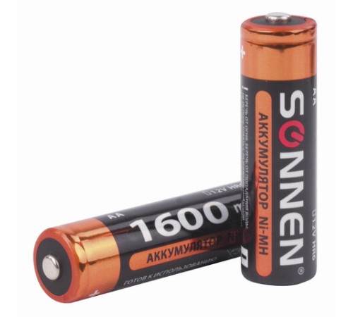 Батарейки аккумуляторные Ni-Mh пальчиковые КОМПЛЕКТ 2 шт., АА (HR6) 1600 mAh, SONNEN, 454233 Батарейки аккумуляторные Ni-Mh пальчиковые КОМПЛЕКТ 2 шт., АА (HR6) 1600 mAh, SONNEN, 454233