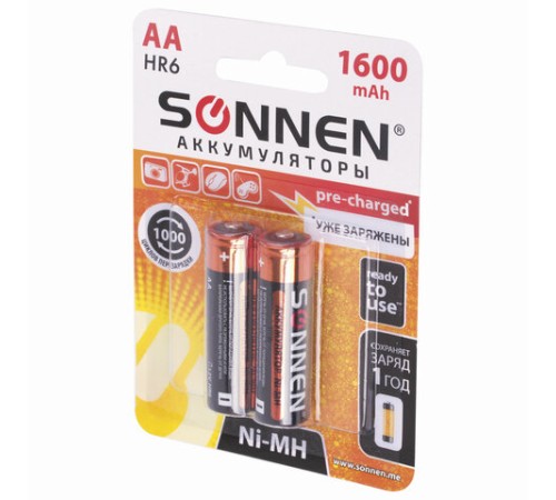Батарейки аккумуляторные Ni-Mh пальчиковые КОМПЛЕКТ 2 шт., АА (HR6) 1600 mAh, SONNEN, 454233 Батарейки аккумуляторные Ni-Mh пальчиковые КОМПЛЕКТ 2 шт., АА (HR6) 1600 mAh, SONNEN, 454233