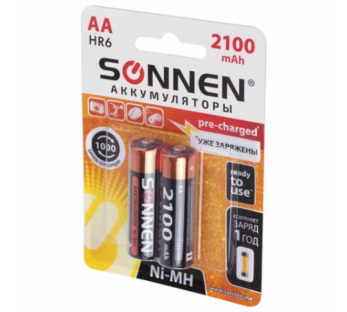 Батарейки аккумуляторные Ni-Mh пальчиковые КОМПЛЕКТ 2 шт., АА (HR6) 2100 mAh, SONNEN, 454234 Батарейки аккумуляторные Ni-Mh пальчиковые КОМПЛЕКТ 2 шт., АА (HR6) 2100 mAh, SONNEN, 454234