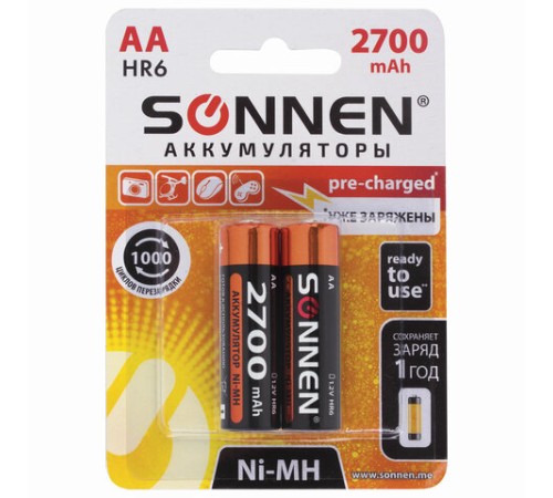 Батарейки аккумуляторные Ni-Mh пальчиковые КОМПЛЕКТ 2 шт., АА (HR6) 2700 mAh, SONNEN, 454235 Батарейки аккумуляторные Ni-Mh пальчиковые КОМПЛЕКТ 2 шт., АА (HR6) 2700 mAh, SONNEN, 454235