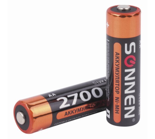 Батарейки аккумуляторные Ni-Mh пальчиковые КОМПЛЕКТ 2 шт., АА (HR6) 2700 mAh, SONNEN, 454235 Батарейки аккумуляторные Ni-Mh пальчиковые КОМПЛЕКТ 2 шт., АА (HR6) 2700 mAh, SONNEN, 454235